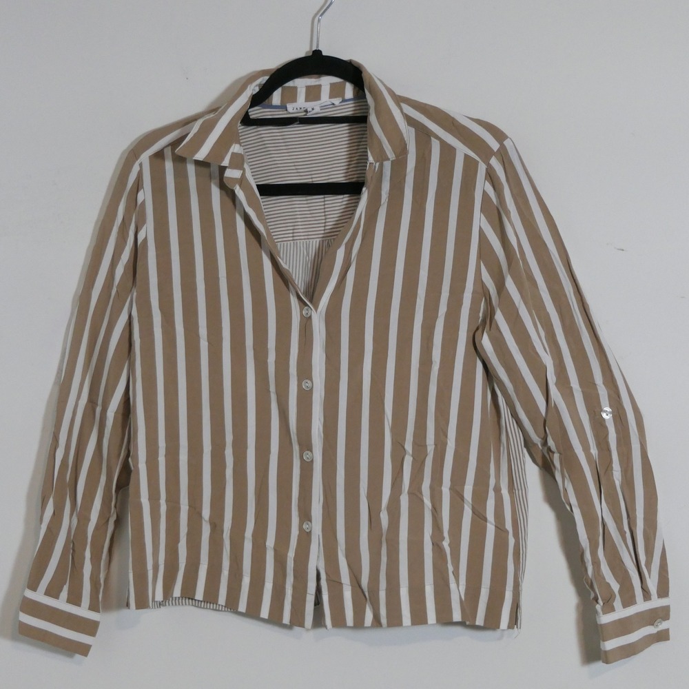 Jane+Delancey Womens Blouse M Tan White Striped Coastal Relaxed Boxy Earthy Boho
